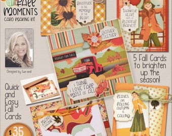May include: A card-making kit with fall-themed designs. The kit includes cards with sunflowers, pumpkins, and a scarecrow. Text includes "Free Moments Card Making Kit", "Quick and Easy Fall Cards", and "5 Fall Cards to brighten up the season!"