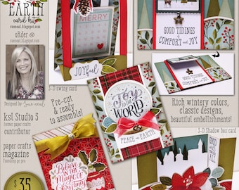 Könnte beinhalten: Eine Sammlung von Weihnachtskarten-Sets mit verschiedenen Designs, darunter eine 3D-Schwingkarte mit rotem und grünem Karomuster, eine 3D-Schattenboxkarte mit einer Weihnachtsstern und eine Karte mit einem festlichen rot-grünen Design. Der Text "Peace on Earth" ist auf mehreren Karten zu sehen.