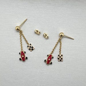 1 Pair of 14k Gold Race Car and Flag Dangle Earrings