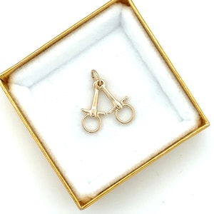 May include: A gold-colored charm in the shape of a horse bit, displayed in a gold-edged box with a white interior. The charm has two circular rings and a central bar with decorative elements.