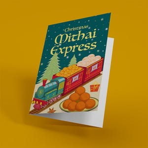 Carte de Noël indienne amusante, carte de voeux « Mithai Express », carte de Noël festive sur le thème sucré, carte de vœux A5