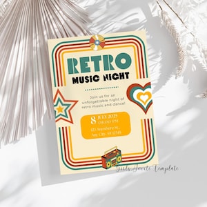 Bearbeitbare Retro Musik Nacht Einladung 70er 80er Jahre Disco Party Vintage Groovy einladen DJ Tanzevent Disco Party einladen Musik-Themed Geburtstag