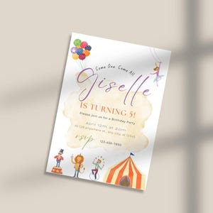 Convite de aniversário de circo extravagante, convite para festa de carnaval, modelo editável, cartão de aniversário divertido, cartão de primeiro aniversário, convites de circo
