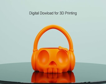 May include: Orange plastic pumpkin-shaped trick-or-treat bucket with a handle and a skull face.  Digital Download for 3D Printing.