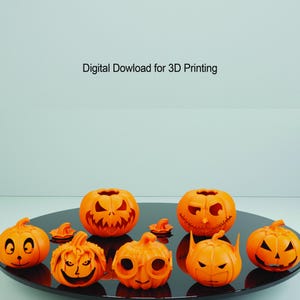 Könnte beinhalten: Ein Set aus acht orangefarbenen Halloween-Jack-o'-Lantern-Kürbissen mit verschiedenen Gesichtsausdrücken. Digitaler Download zum 3D-Druck.