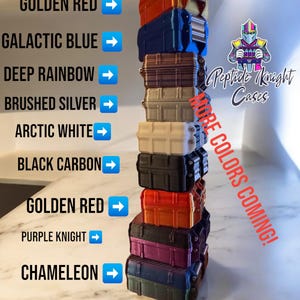 May include: A stack of colorful cases in various shades, including golden red, galactic blue, and deep rainbow. The image displays the text "Peptide Knight Cases" and "More colors coming!" with a call to see all photos.