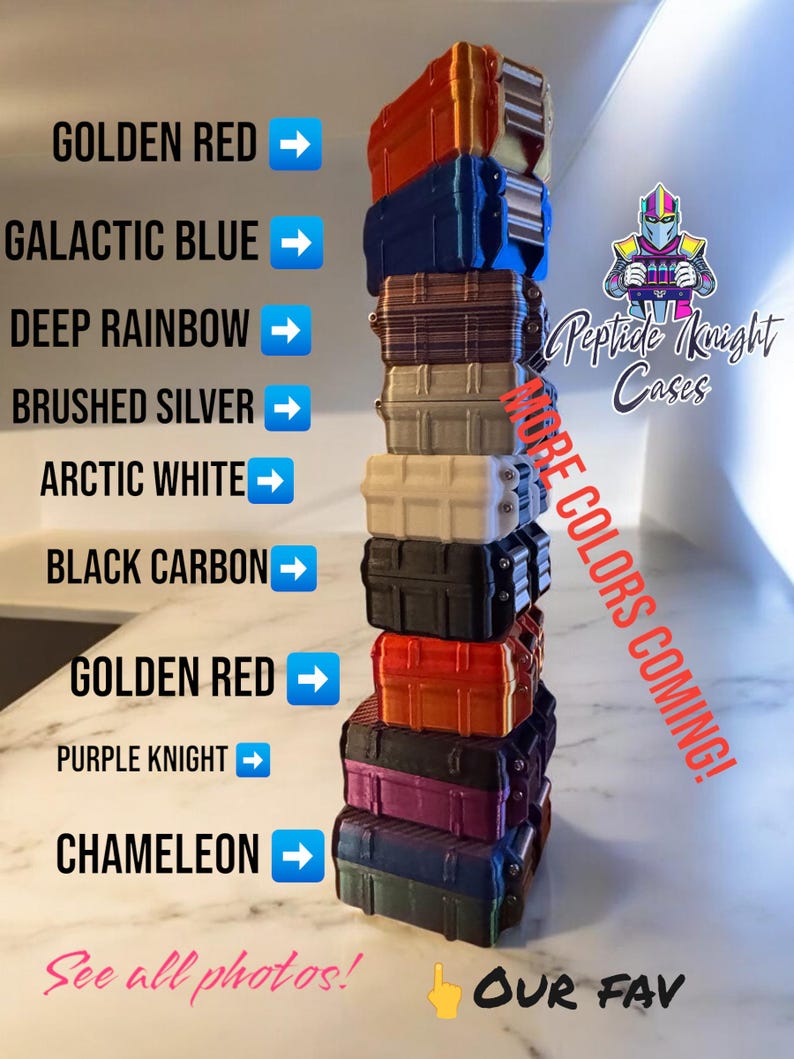 May include: A stack of colorful cases in various shades, including golden red, galactic blue, and deep rainbow. The image displays the text "Peptide Knight Cases" and "More colors coming!" with a call to see all photos.