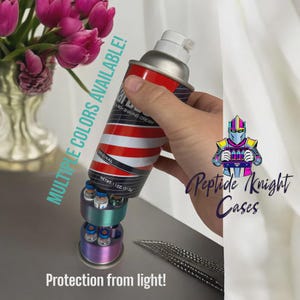 May include: A shaving cream can with red and white stripes is held above a multi-coloured case. The case holds several small vials. Text on the image reads "MULTIPLE COLORS AVAILABLE!" and "Protection from light!"