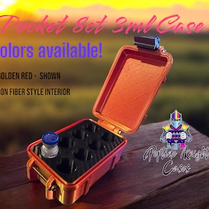 May include: Golden red pocket set 3ml case, open to reveal a carbon fiber style interior with multiple compartments. The case holds a small vial with a blue cap. Text on the image says "All colors available!"