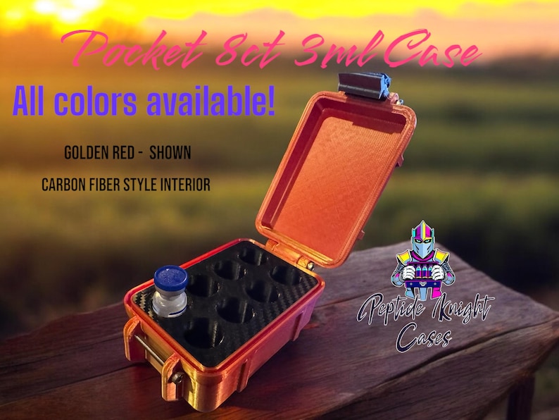 May include: Golden red pocket set 3ml case, open to reveal a carbon fiber style interior with multiple compartments. The case holds a small vial with a blue cap. Text on the image says "All colors available!"