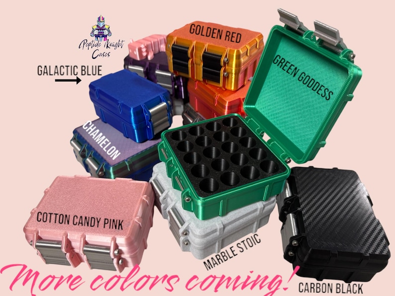 May include: An assortment of colourful storage cases with various labels, including "Galactic Blue", "Chameleon", "Golden Red", "Green Goddess", "Cotton Candy Pink", "Marble Stoic", and "Carbon Black". The text "More colours coming!" is also visible.