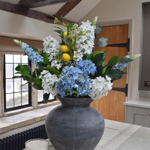 Blue Faux Flower Arrangement Artificial Hydrangea Arrangement White Reception Flowers Faux Bouquet Lemon Home Decor Gift For Her - OLIVIA