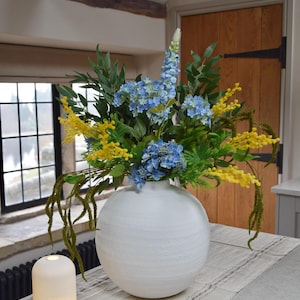 Faux Flower Arrangement, Blue Faux Hydrangea Arrangement, Yellow Flower Bouquet, Artificial Flowers, Home Decor Gift For Her - DARCY