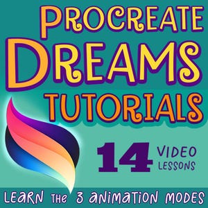 Op de afbeelding: Procreate Dreams Tutorials, een turquoise blauwe achtergrond met een abstract, kleurrijk ontwerp en de tekst "Procreate Dreams Tutorials" in geel en paars. Onder de tekst staat het nummer "14" in paars en de tekst "Video Lessons" in wit. Onderaan de afbeelding staat de tekst "Learn the 3 animation modes".