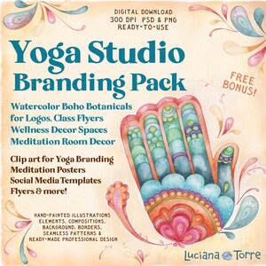 Yogastudio branding illustraties, botanische graphics voor yogales folders, coach logo, meditatie kamer decor, studio wellness poster sjablonen