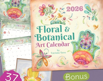 Afdrukbare botanische kalender 2026 | Maandplanner digitale download | Bloemenkunstafdrukken | Start zondag en maandag
