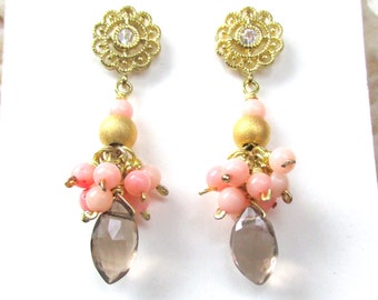 Pink Coral & Smokey Quartz Eangle Earrings with 22k Gold Plated Beads and Posts