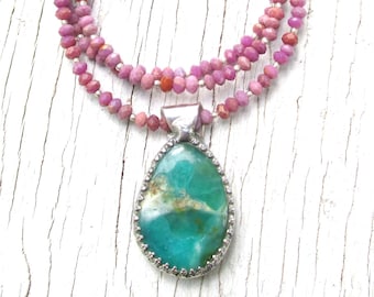 Blue Peruvian Opal Pendant on Purpurite Bead Necklace HANDMADE Natural Gemstone Jewelry
