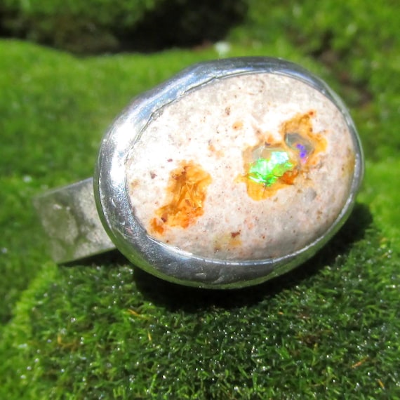 Natural Opal Ring size 9 1/4 Sterling band Handmade Mexican Cantera Fire Opal