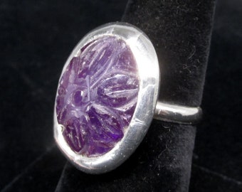 Carved Amethyst Ring Sterling Band size 6 1/4 HANDMADE Natural Gemstone Statement ring