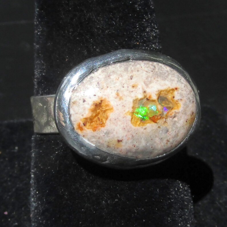 Natural Opal Ring size 9 1/4 Sterling band Handmade Mexican Cantera Fire Opal image 12