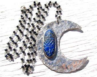 Carved Lapis & Sterling Moon Pendant on Long Mystic Onyx Chain Necklace HANDMADE Gemstone Jewelry