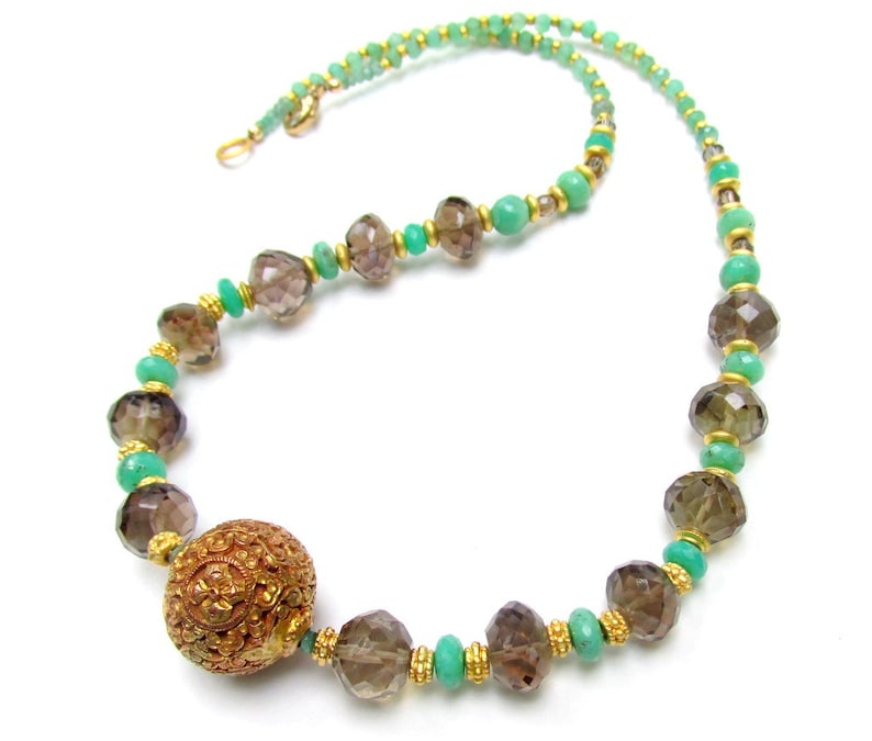 Artisan Handmade Jewelry Chrysoprase /& Smokey Quartz with Carved Tibetan Gold Plated Focal Bead Natural Gemstone Beads