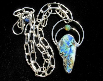 Opal & Blue Horizon Azurite on Custom Silver Chain Necklace HANDMADE Artisan Jewelry