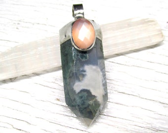 Moss Agate & Peach Moonstone Pendant 2.5" HANDMADE Natural Gemstone Jewelry