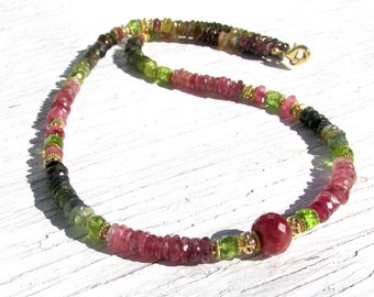 Faceted Watermelon Tourmaline Bead Necklace with Ruby and Peridot Accents HANDMADE Natural Gemstones