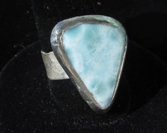 Handmade Larimar Ring size 7 Wide Sterling Silver Hammered Band Natural Gemstone Jewelry