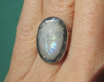 Carved Moonstone Ring with Sterling Band blue flash size 5 3/4 HANDMADE Natural Gemstone Jewelry Statement Ring