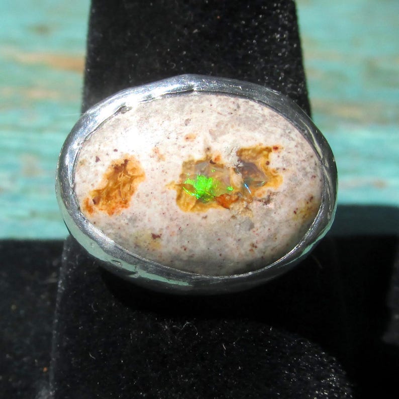 Natural Opal Ring size 9 1/4 Sterling band Handmade Mexican Cantera Fire Opal image 3