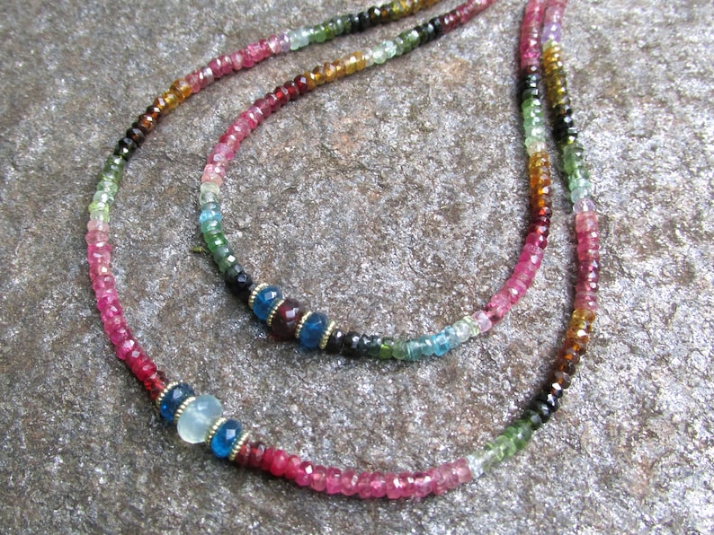 Faceted Watermelon Tourmaline Necklace with Blue Apatite Center Bead HANDMADE Natural Gemstone Jewelry Beaded Necklace