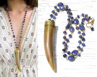 Long Pietersite Necklace with Buffalo Horn Pendant HANDMADE Natural faceted Gemstone Chain Jewelry