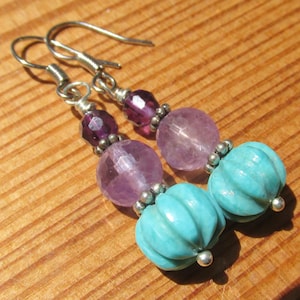 Carved Turquoise & Faceted Amethyst Dangle Earrings Sterling Hooks Handmade Natural Gemstone Jewelry