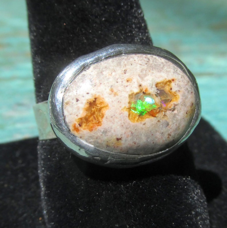Natural Opal Ring size 9 1/4 Sterling band Handmade Mexican Cantera Fire Opal image 2