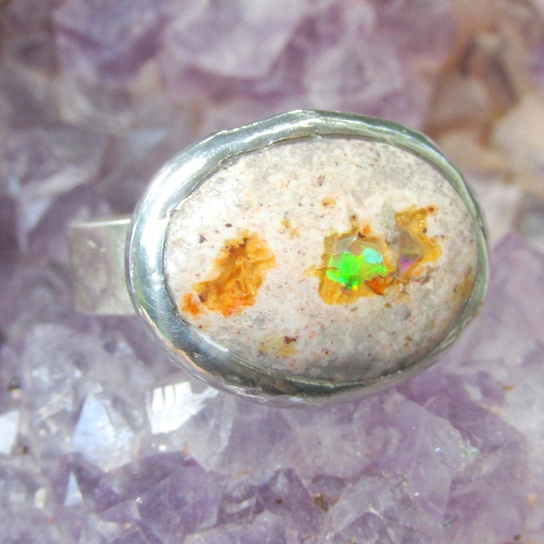 Natural Opal Ring size 9 1/4 Sterling band Handmade Mexican Cantera Fire Opal image 6
