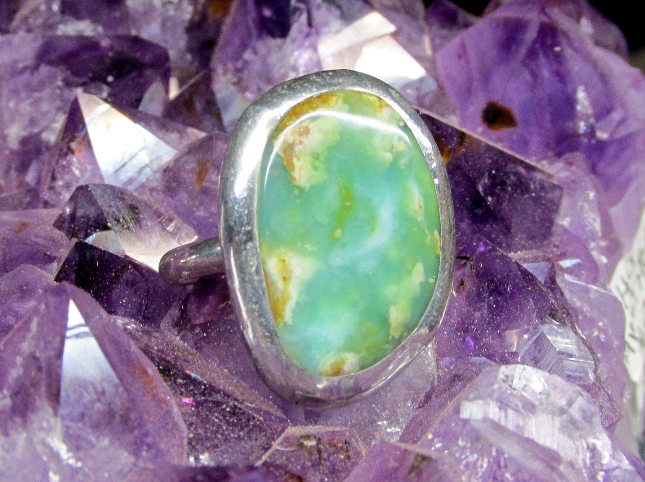 Peru Blue Opal with Sterling Band size 6 1/4 Ring Handmade Gemstone Jewelry