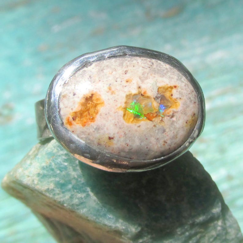 Natural Opal Ring size 9 1/4 Sterling band Handmade Mexican Cantera Fire Opal image 4