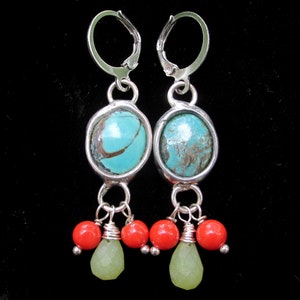 Turquoise, Red Coral & Serpentine Dangle Earrings HANDMADE Silver and Natural Webbed Turquoise