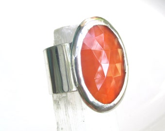 Faceted Carnelian Ring on Wide Sterling Band size 9 HANDMADE Rose Cut Natural Carnelian