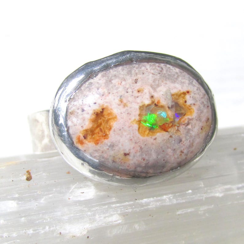 Natural Opal Ring size 9 1/4 Sterling band Handmade Mexican Cantera Fire Opal image 10