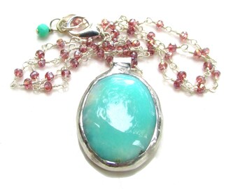 Large Chrysoprase Pendant on Mystic Garnet Beaded Chain Necklace HANDMADE Natural Gemstone Jewelry