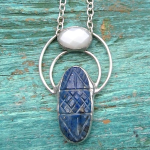 Carved Lapis Faceted Moonstone Pendant on Silver Chain Necklace Handmade Natural Gemstone Jewelry