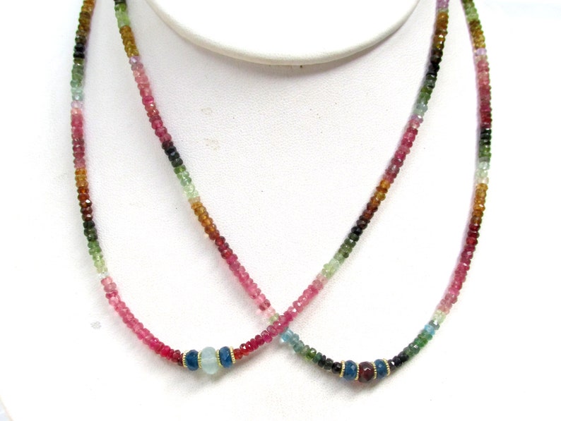 Faceted Watermelon Tourmaline Necklace with Blue Apatite Center Bead HANDMADE Natural Gemstone Jewelry Beaded Necklace