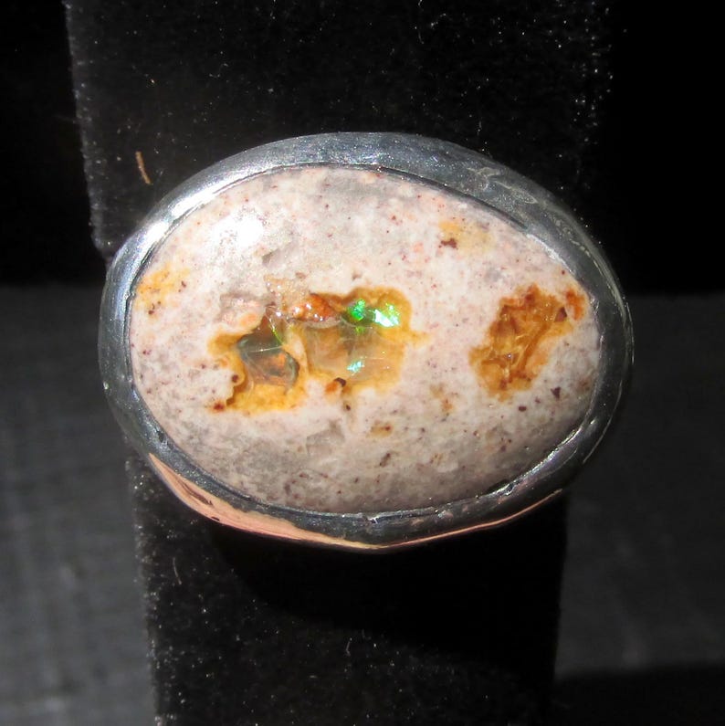 Natural Opal Ring size 9 1/4 Sterling band Handmade Mexican Cantera Fire Opal image 14