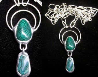 Handmade Malachite Pendant Necklace on Silver Paperclip Chain NATURAL Malachite