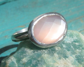 Peach Moonstone Ring with Sterling Band size 7 1/4 Handmade Rose cut Natural Gemstone Jewelry Statement Ring