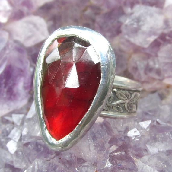 Faceted Hessonite Garnet Ring size 9 1/4 Hammered Sterling Silver Band Handmade Jewelry